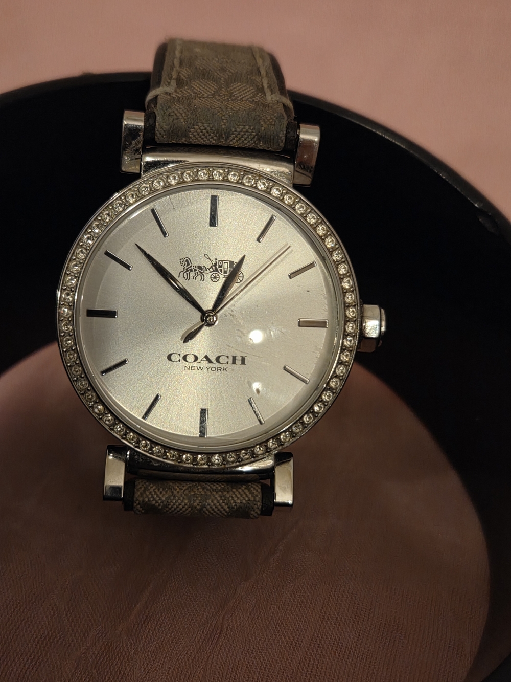 Coach New York Women's Silver Dial Crystal-Trim Watch with Brown Signature Strap